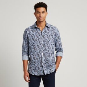 TALLIA Linen Blend Blue Brown Floral Button Down Size Large *missing top button